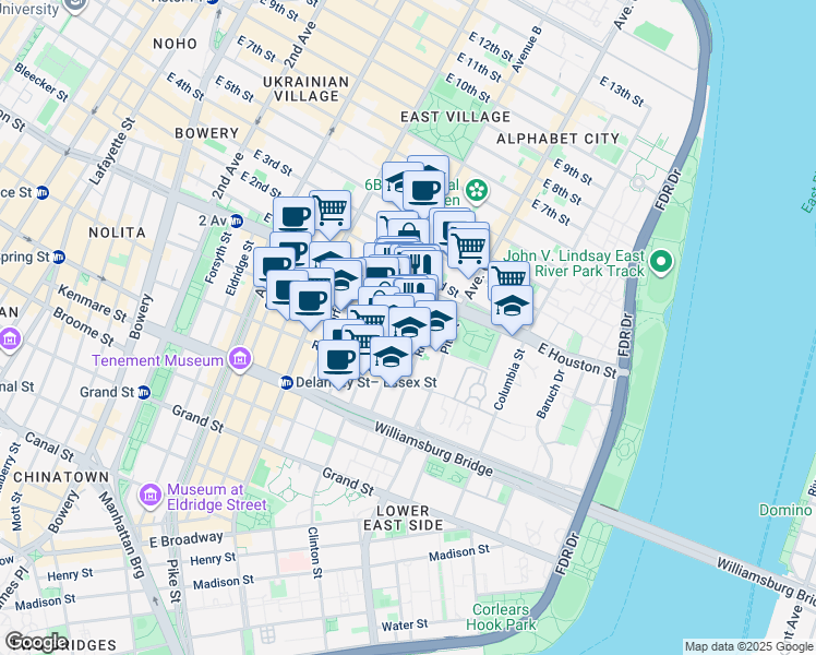 map of restaurants, bars, coffee shops, grocery stores, and more near 162 Attorney Street in New York