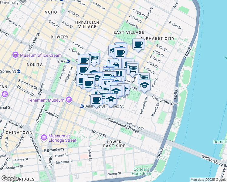 map of restaurants, bars, coffee shops, grocery stores, and more near 162 Attorney Street in New York