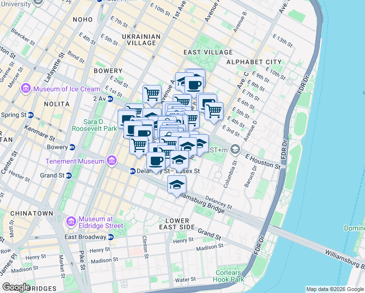 map of restaurants, bars, coffee shops, grocery stores, and more near 182 Stanton Street in New York