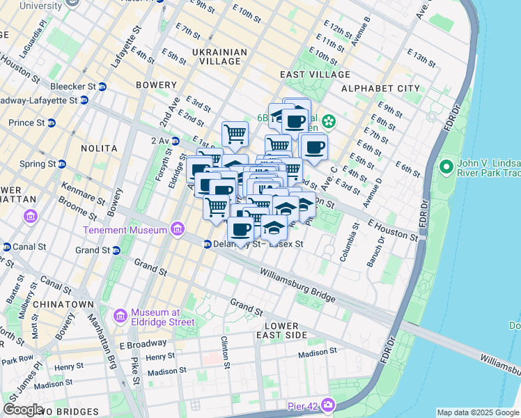 map of restaurants, bars, coffee shops, grocery stores, and more near 161 Stanton Street in New York