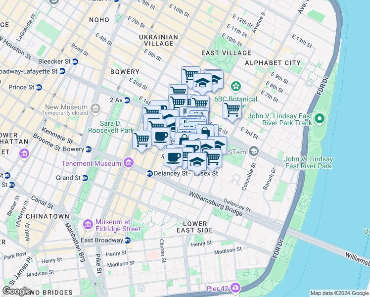 map of restaurants, bars, coffee shops, grocery stores, and more near 25 Clinton Street in New York