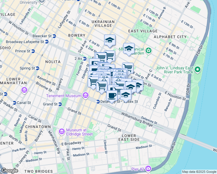 map of restaurants, bars, coffee shops, grocery stores, and more near 141 Norfolk Street in New York