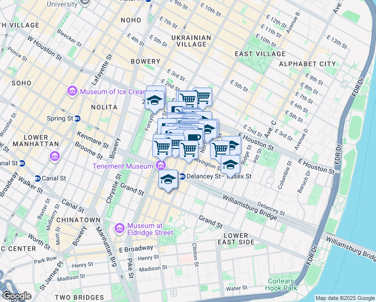 map of restaurants, bars, coffee shops, grocery stores, and more near 113 Rivington Street in New York