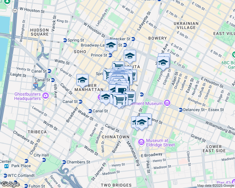 map of restaurants, bars, coffee shops, grocery stores, and more near 384 Broome Street in New York