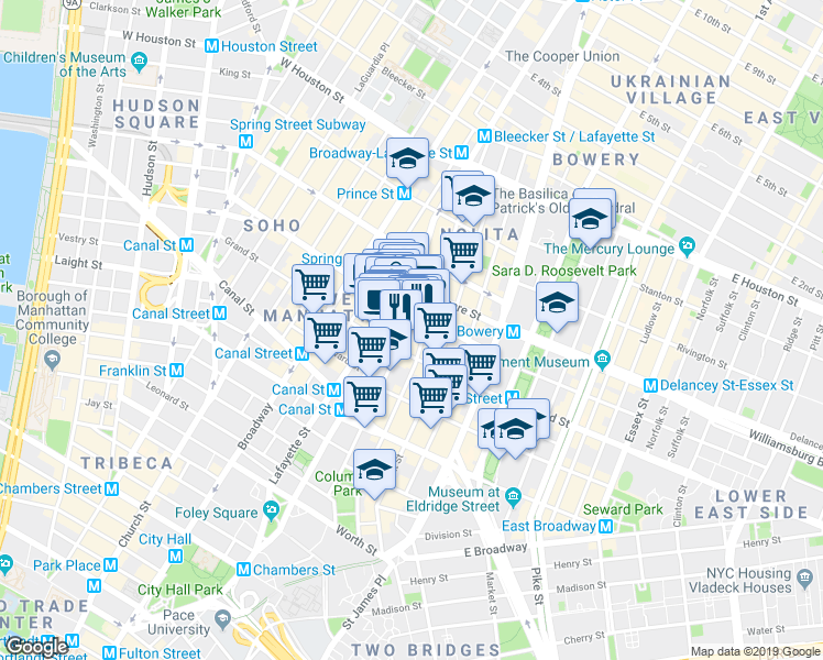 map of restaurants, bars, coffee shops, grocery stores, and more near 249 Centre Street in New York