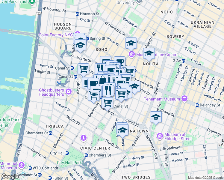map of restaurants, bars, coffee shops, grocery stores, and more near in New York