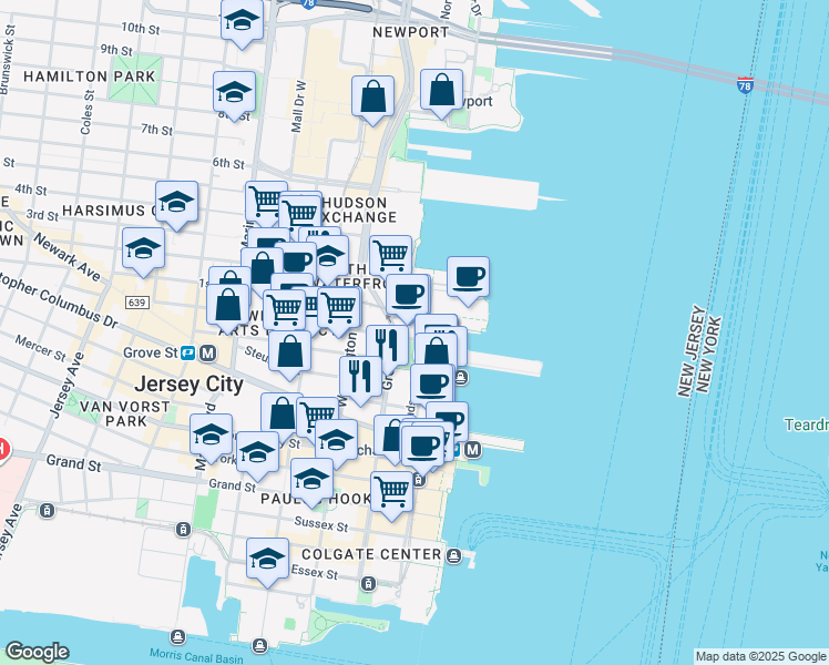 map of restaurants, bars, coffee shops, grocery stores, and more near 21 2nd Street in Jersey City