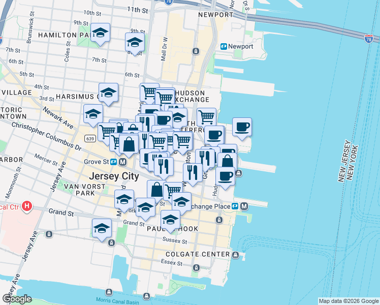 map of restaurants, bars, coffee shops, grocery stores, and more near 80026 Bay Street in Jersey City