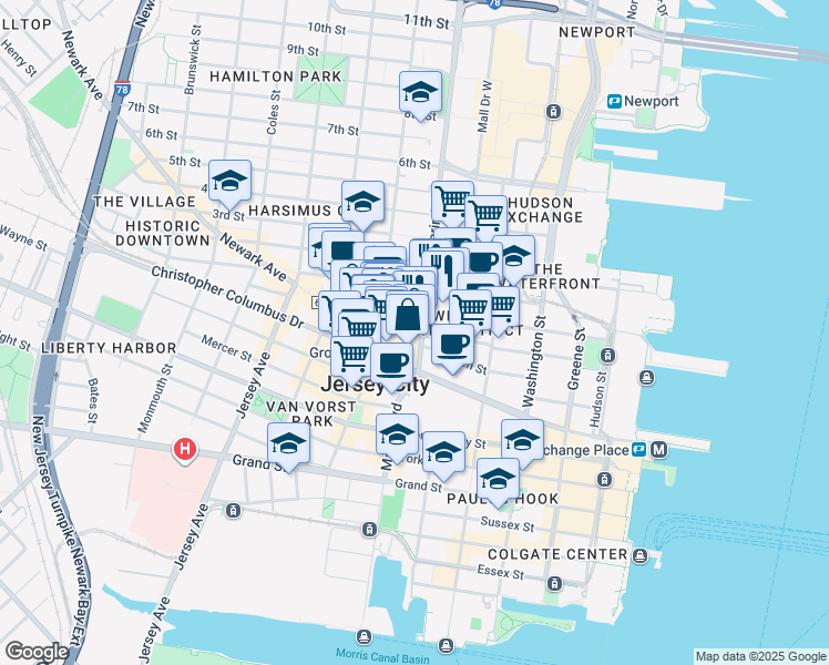 map of restaurants, bars, coffee shops, grocery stores, and more near 343 Marin Boulevard in Jersey City