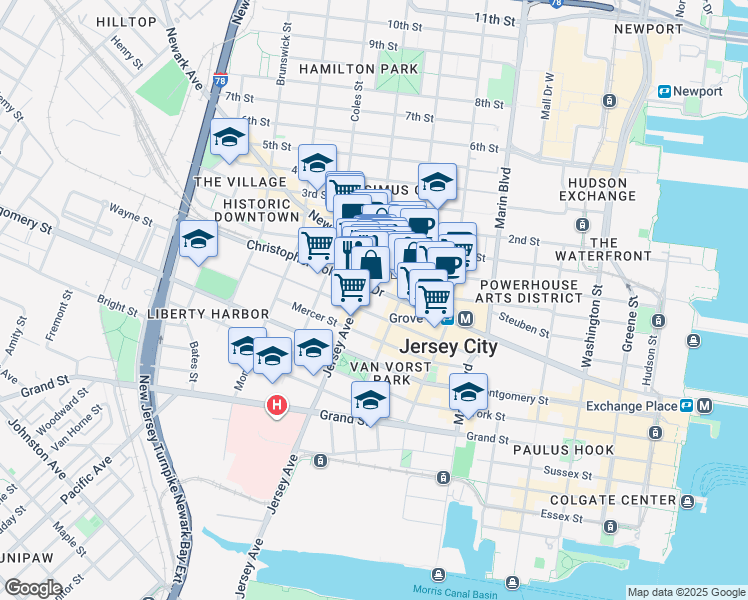 map of restaurants, bars, coffee shops, grocery stores, and more near 524 Jersey Avenue in Jersey City