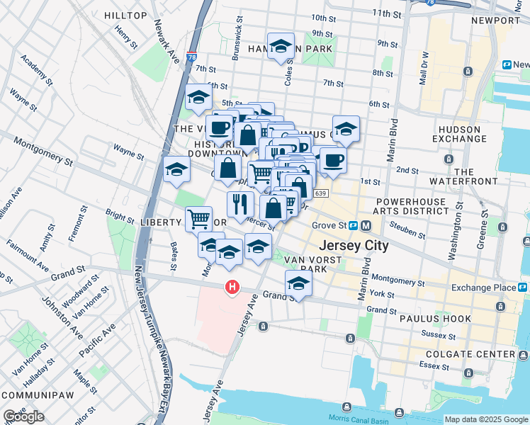 map of restaurants, bars, coffee shops, grocery stores, and more near 153-139 Wayne Street in Jersey City