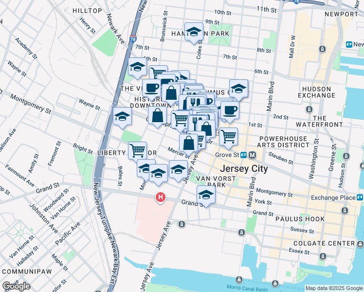 map of restaurants, bars, coffee shops, grocery stores, and more near 153-139 Wayne Street in Jersey City