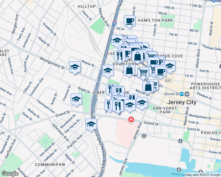 map of restaurants, bars, coffee shops, grocery stores, and more near in Jersey City