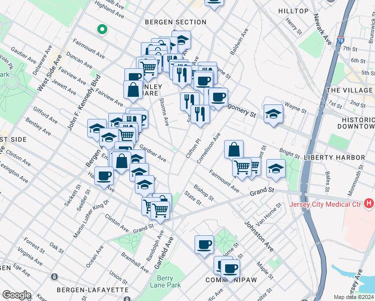 map of restaurants, bars, coffee shops, grocery stores, and more near 75A Clifton Place in Jersey City