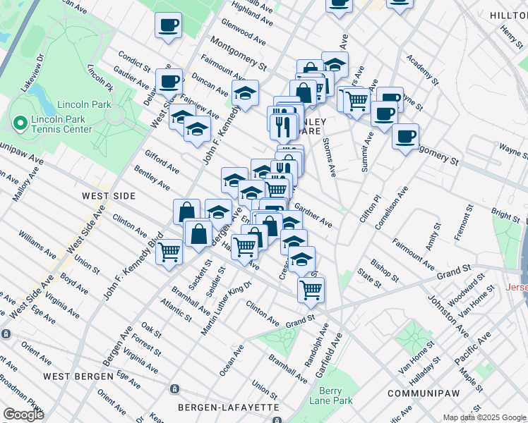 map of restaurants, bars, coffee shops, grocery stores, and more near 100 Belmont Avenue in Jersey City