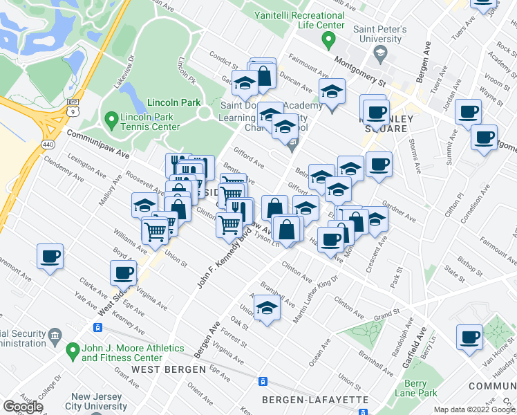 map of restaurants, bars, coffee shops, grocery stores, and more near 2419 John F. Kennedy Boulevard in Jersey City