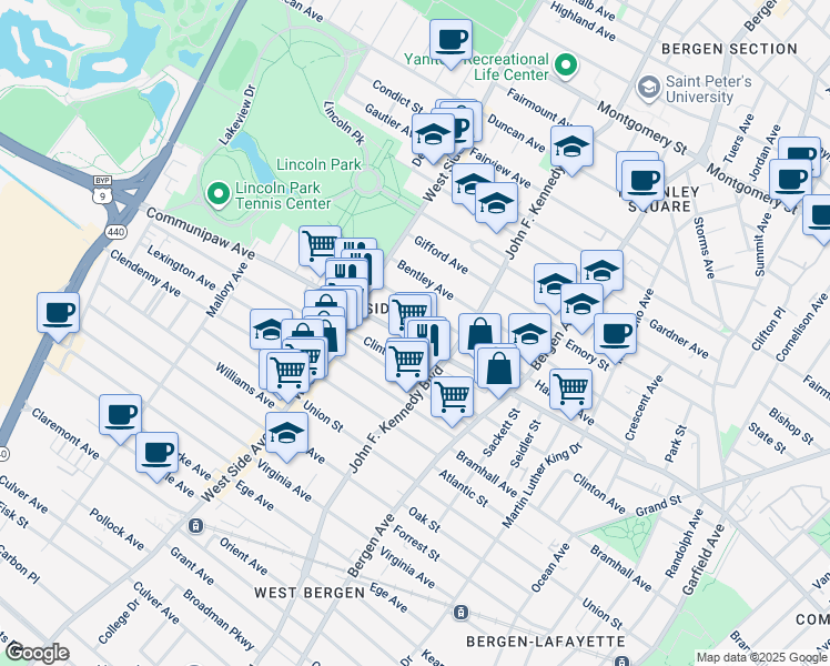 map of restaurants, bars, coffee shops, grocery stores, and more near 245 Harrison Avenue in Jersey City