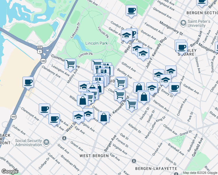 map of restaurants, bars, coffee shops, grocery stores, and more near 785 Communipaw Avenue in Jersey City