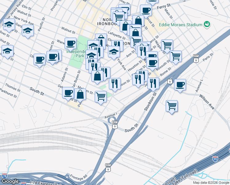 map of restaurants, bars, coffee shops, grocery stores, and more near 15 Garrison Street in Newark