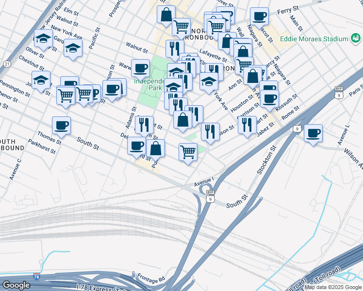 map of restaurants, bars, coffee shops, grocery stores, and more near 407 Chestnut Street in Newark