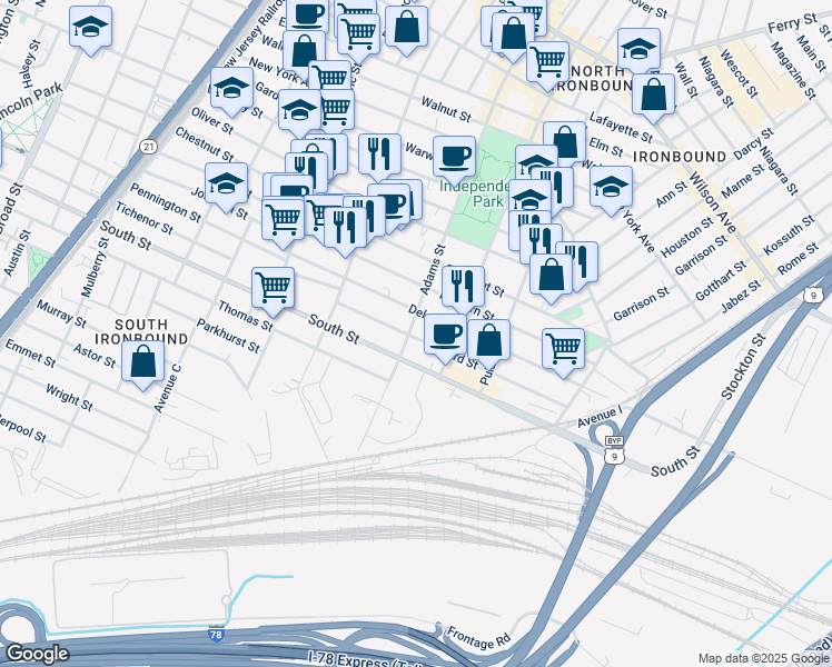 map of restaurants, bars, coffee shops, grocery stores, and more near 117 Delancy Street in Newark