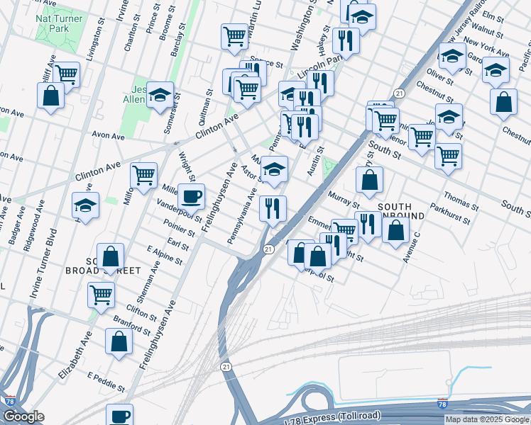 map of restaurants, bars, coffee shops, grocery stores, and more near in Newark
