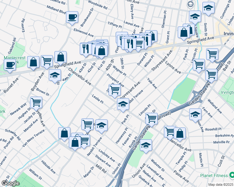 map of restaurants, bars, coffee shops, grocery stores, and more near 128 South Durand Place in Irvington