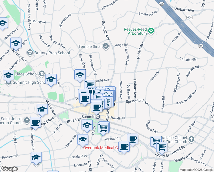 map of restaurants, bars, coffee shops, grocery stores, and more near 10 Euclid Avenue in Summit