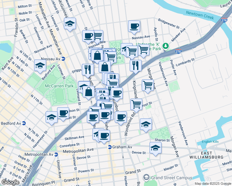 map of restaurants, bars, coffee shops, grocery stores, and more near 511 Meeker Avenue in Brooklyn