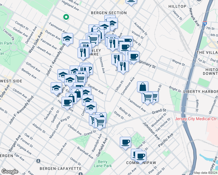 map of restaurants, bars, coffee shops, grocery stores, and more near 1 Storms Avenue in Jersey City