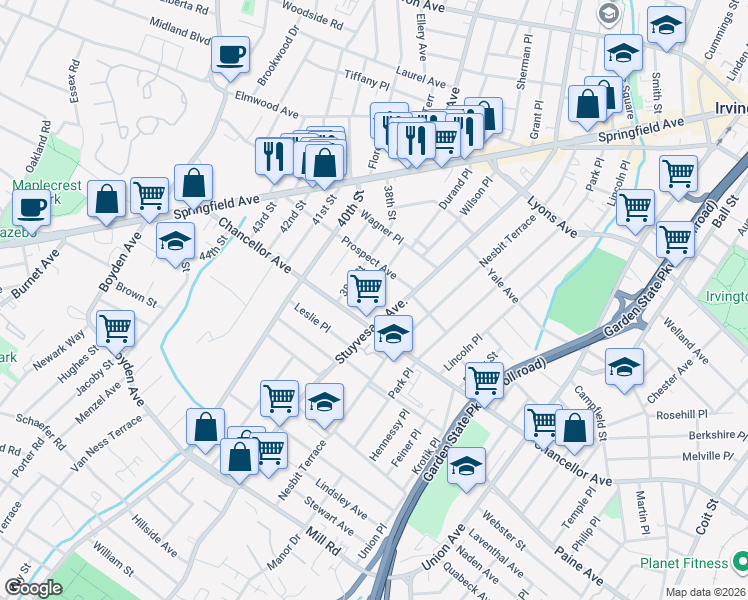map of restaurants, bars, coffee shops, grocery stores, and more near 128 South Durand Place in Irvington