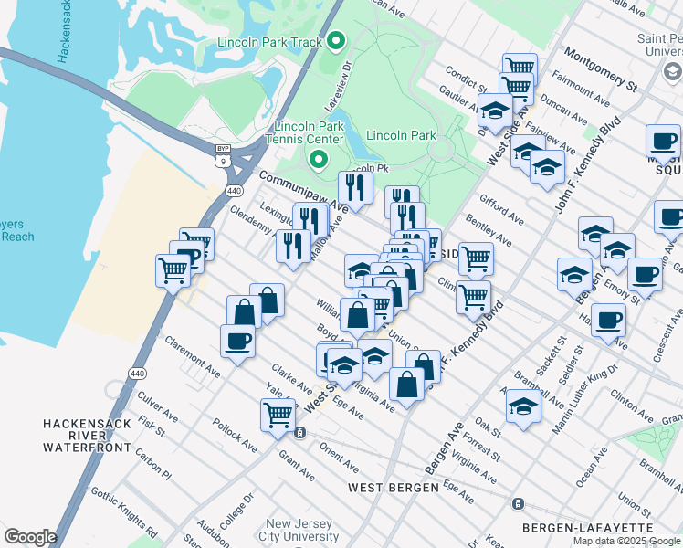 map of restaurants, bars, coffee shops, grocery stores, and more near Clendenny Avenue in Jersey City