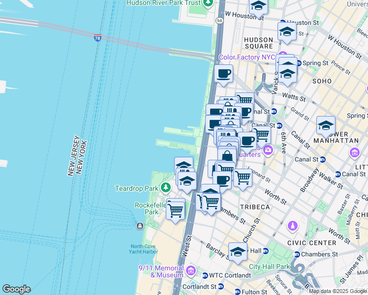 map of restaurants, bars, coffee shops, grocery stores, and more near 229 West Street in New York