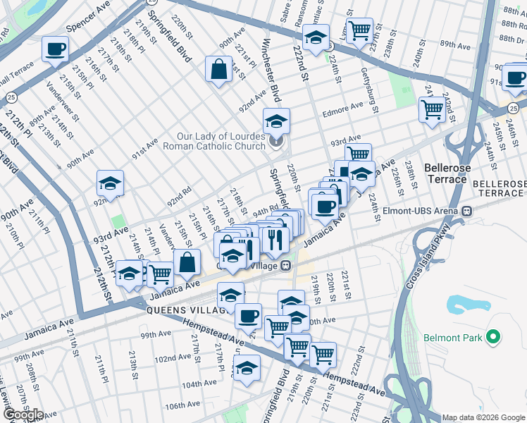 map of restaurants, bars, coffee shops, grocery stores, and more near 218-37 94th Road in Queens