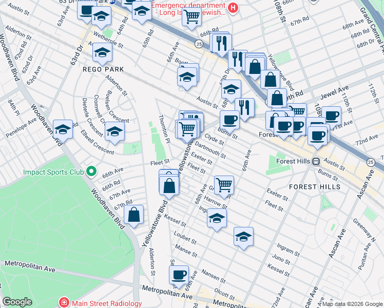 map of restaurants, bars, coffee shops, grocery stores, and more near 7178 Yellowstone Boulevard in Queens