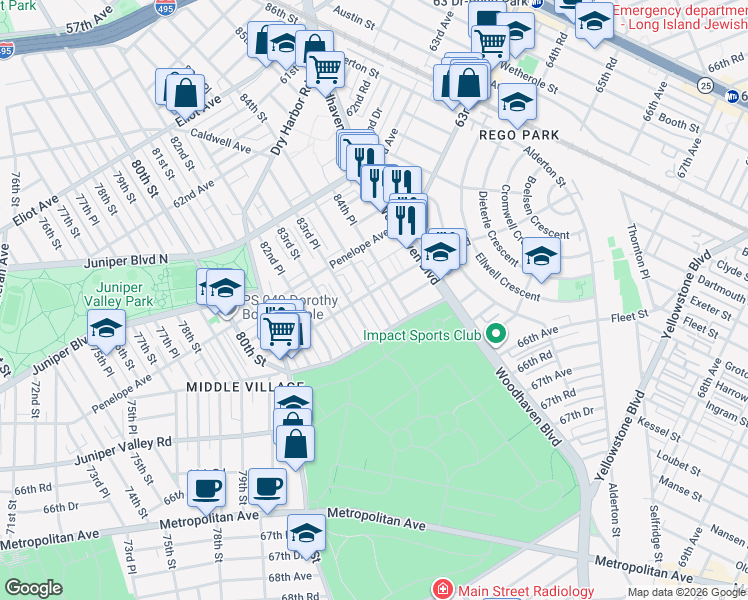 map of restaurants, bars, coffee shops, grocery stores, and more near 64-46 84th Street in Queens