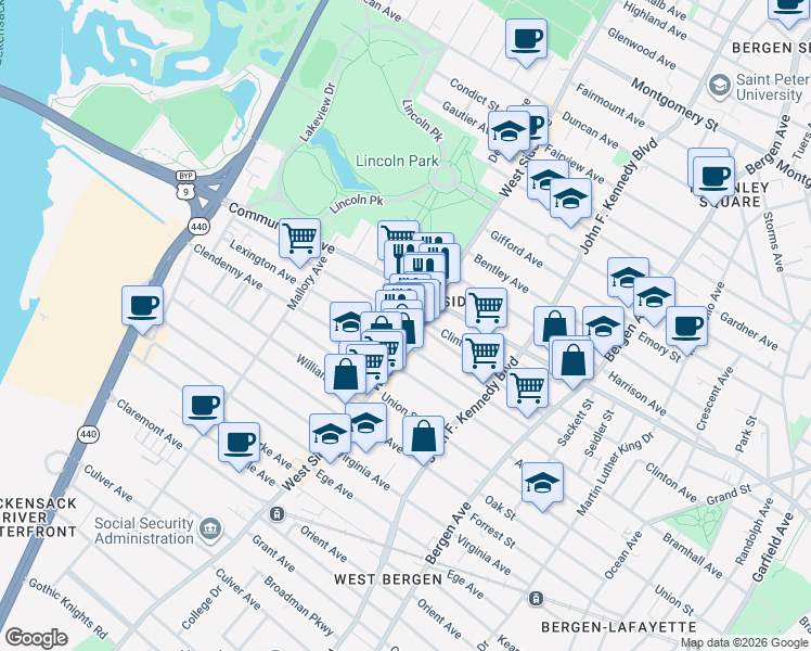map of restaurants, bars, coffee shops, grocery stores, and more near in Jersey City