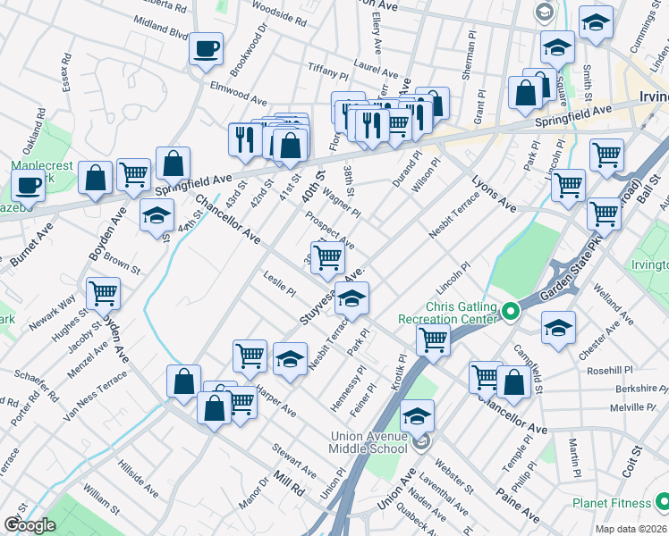 map of restaurants, bars, coffee shops, grocery stores, and more near 128 South Durand Place in Irvington