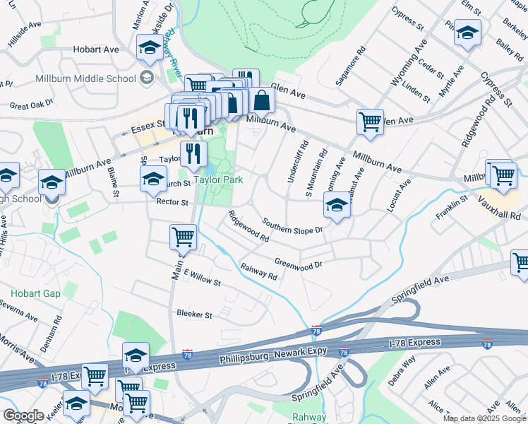 map of restaurants, bars, coffee shops, grocery stores, and more near 74 Mountainview Road in Essex County