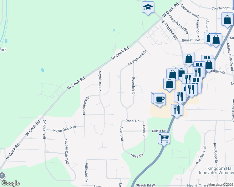 map of restaurants, bars, coffee shops, grocery stores, and more near 1409 Brookpark Drive in Mansfield