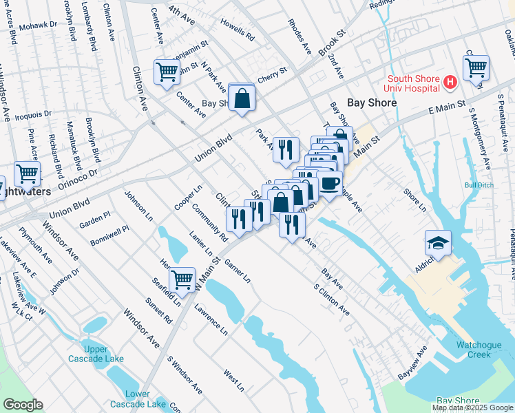 map of restaurants, bars, coffee shops, grocery stores, and more near 12 Mechanicville Road in Bay Shore