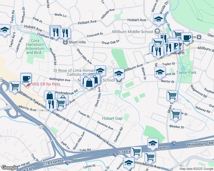 map of restaurants, bars, coffee shops, grocery stores, and more near 494 Woodstone Circle in Millburn