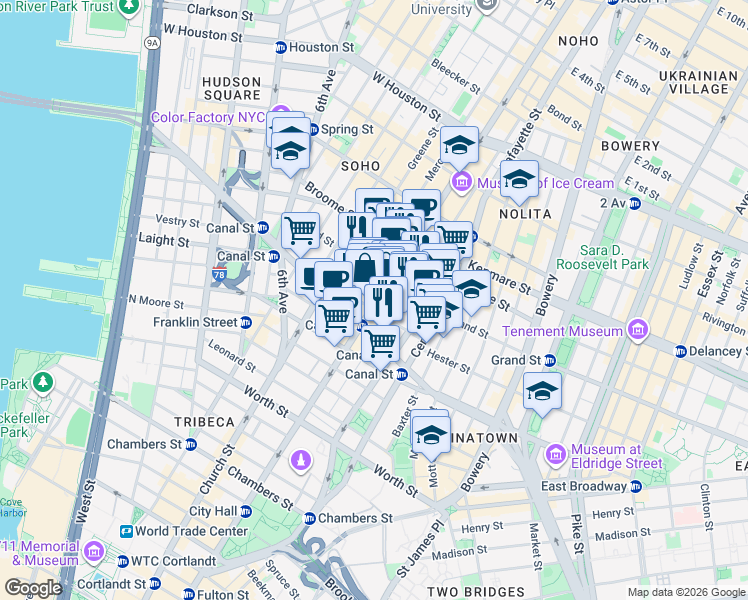 map of restaurants, bars, coffee shops, grocery stores, and more near 437 Broadway in New York