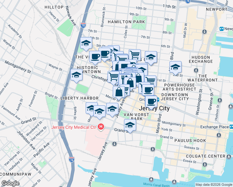map of restaurants, bars, coffee shops, grocery stores, and more near 116 Wayne Street in Jersey City