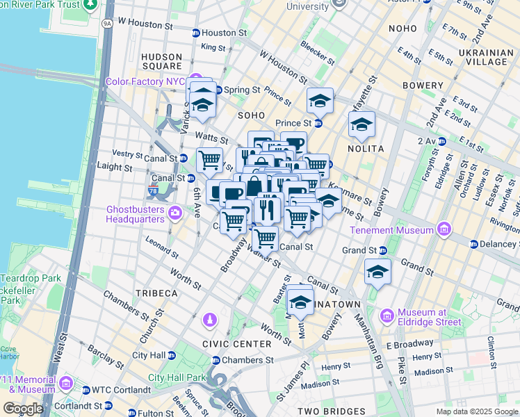 map of restaurants, bars, coffee shops, grocery stores, and more near in New York