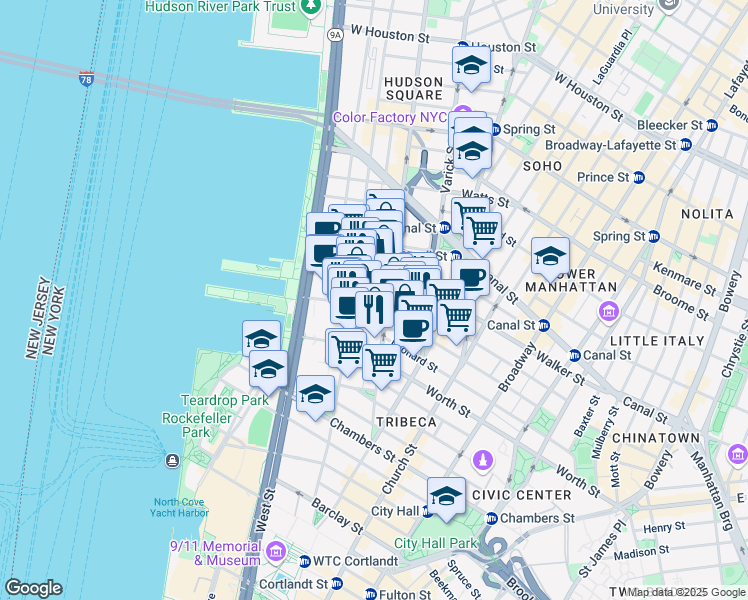 map of restaurants, bars, coffee shops, grocery stores, and more near 129w Hudson Street in New York