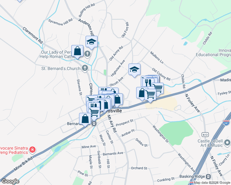 map of restaurants, bars, coffee shops, grocery stores, and more near 14 Wesley Avenue in Bernardsville
