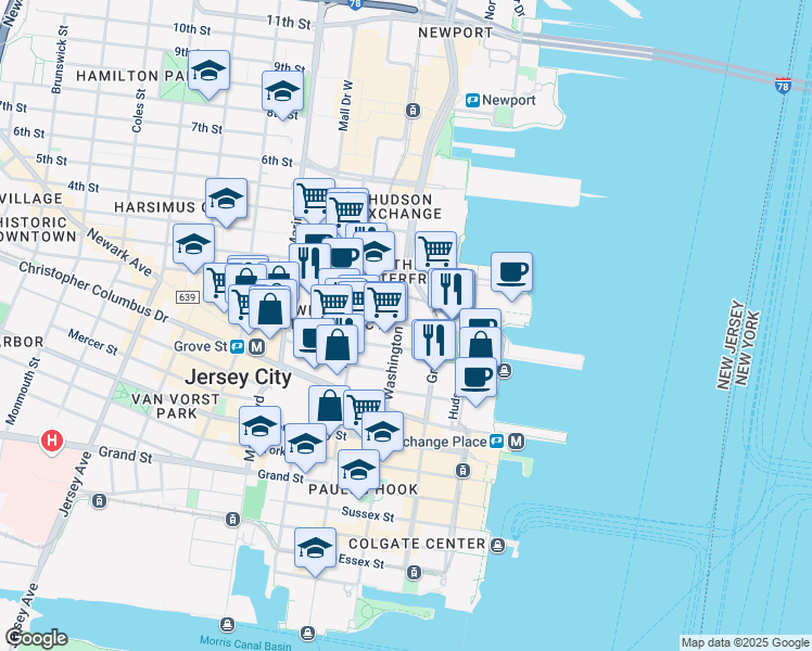 map of restaurants, bars, coffee shops, grocery stores, and more near 80026 Bay Street in Jersey City