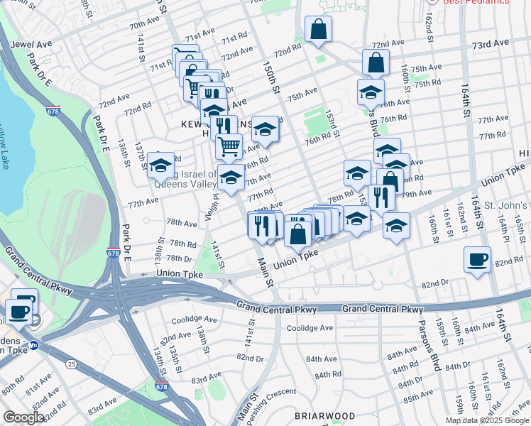 map of restaurants, bars, coffee shops, grocery stores, and more near 78-04 147th Street in Queens