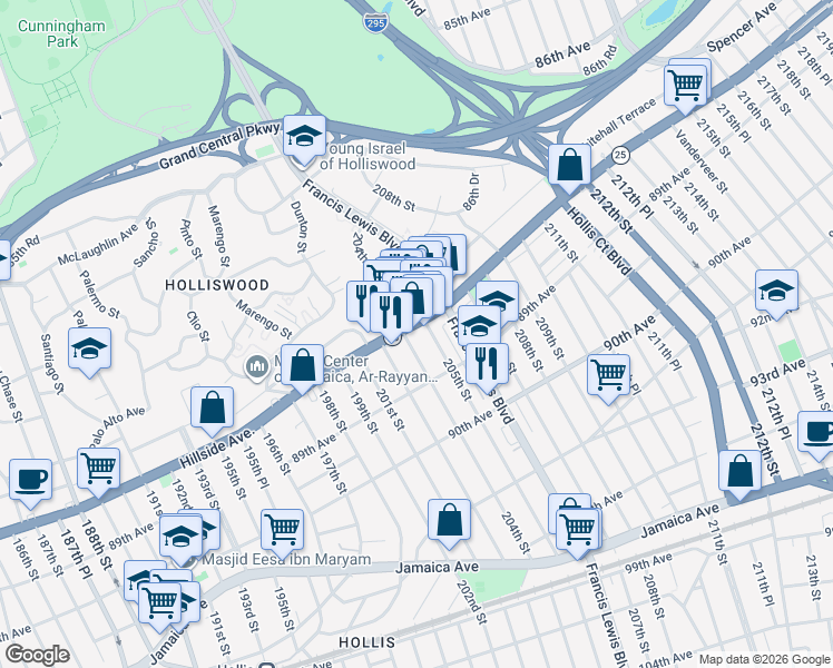 map of restaurants, bars, coffee shops, grocery stores, and more near 204-10 Hillside Avenue in Queens